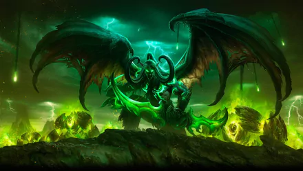 HD wallpaper from World of Warcraft: Legion featuring a dark, menacing figure with large wings and a vibrant green background, capturing the game's epic fantasy atmosphere.
