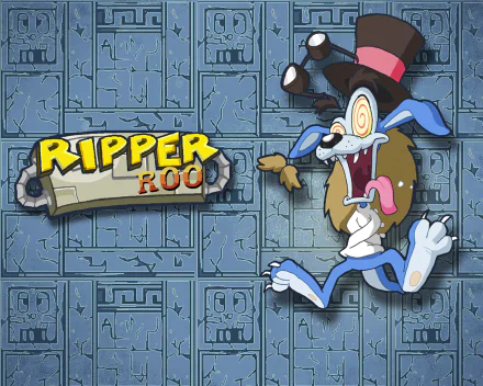 HD PC desktop wallpaper featuring Ripper Roo from the Crash Bandicoot video game series against a blue tiled background with the character's name displayed on a sign.