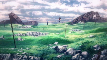 HD wallpaper of Rin Tohsaka and Shirou Emiya from Fate/Stay Night: Unlimited Blade Works, set in a serene, grassy landscape.