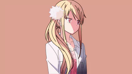 Anime character Mashiro Shiina from Sakurasou no Pet na Kanojo with long blonde hair and a white hair accessory, set against a simple peach background. HD desktop wallpaper.