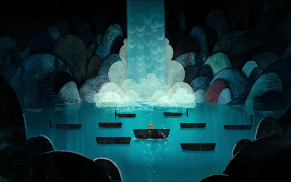 HD desktop wallpaper from Song of the Sea, featuring a mystical sea with a boat under a luminous waterfall and patterned rocks.