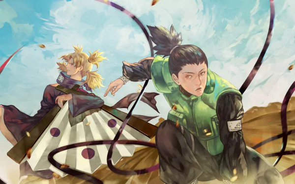 A dynamic HD wallpaper featuring Temari and Shikamaru Nara from Naruto, captured in an action-packed scene with swirling winds and dramatic skies.