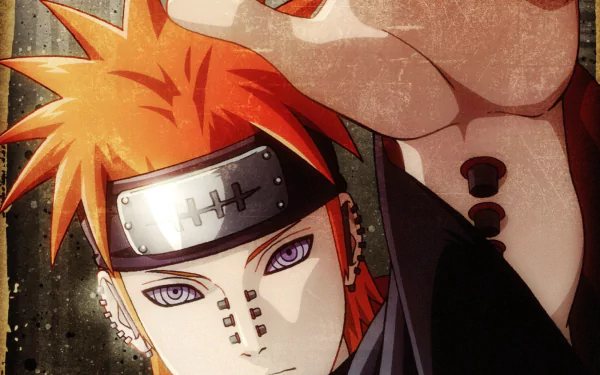 HD desktop wallpaper of Pain from the anime Naruto, showcasing his piercing eyes, orange hair, and signature headband, reaching out with an intense expression.