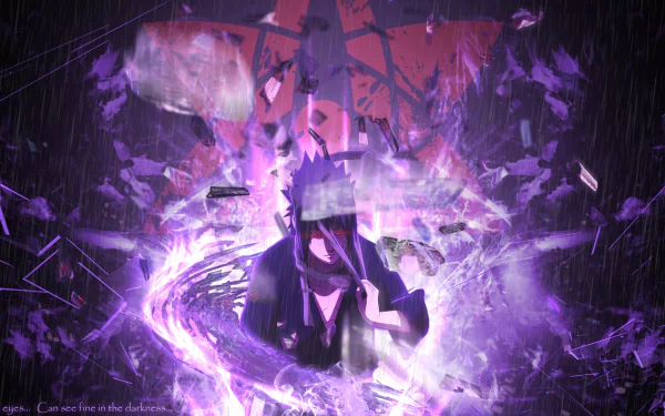 A stunning HD desktop wallpaper featuring Sasuke Uchiha from the anime Naruto, surrounded by swirling purple energy and a dramatic background.