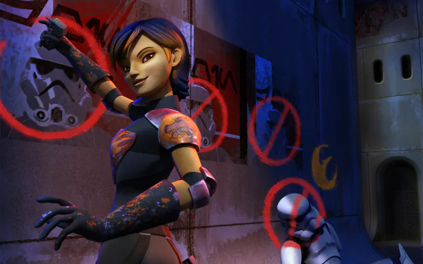A dynamic HD wallpaper featuring Sabine Wren from *Star Wars Rebels*, showcasing her vibrant personality and artistic flair against a rebel-themed backdrop.