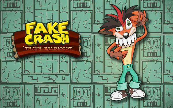 Fake Crash (Crash Bandicoot) grinning with hand on head beside a wooden Fake Crash logo on a teal patterned background — HD PC desktop wallpaper.