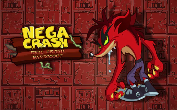 HD PC desktop wallpaper featuring Nega Crash from the Crash Bandicoot video game series with a red-themed background and bold Nega Crash logo.