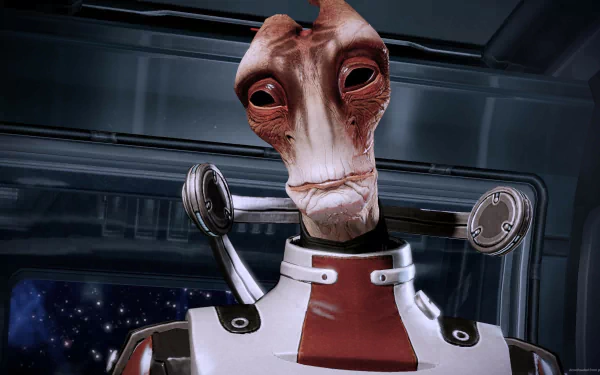 HD wallpaper featuring Mordin Solus from Mass Effect 2 against a spaceship interior background.