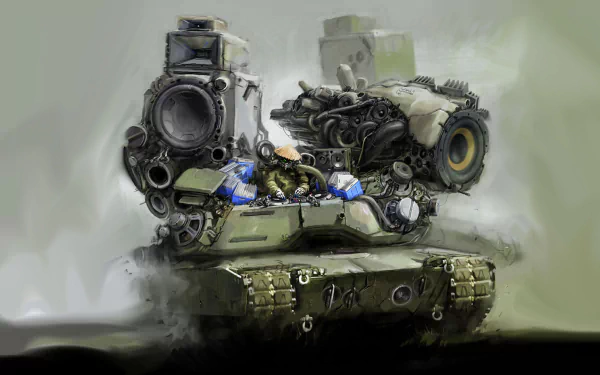 A sci-fi military tank equipped with massive speakers, blending elements of dubstep music and technology in a dynamic, high-definition digital artwork.