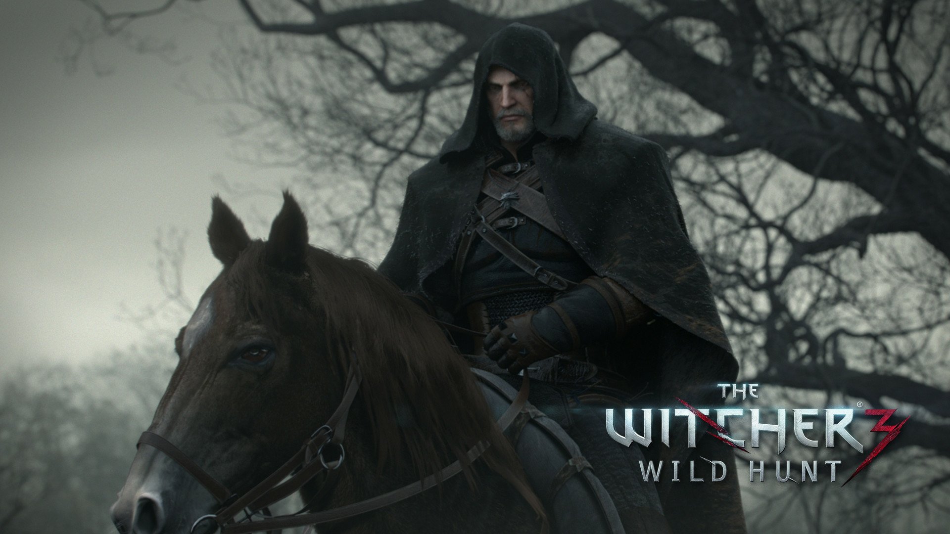 A somber Geralt of Rivia rides his horse through a misty landscape in this HD wallpaper for The Witcher 3: Wild Hunt, showcasing the game's dark and atmospheric aesthetic.