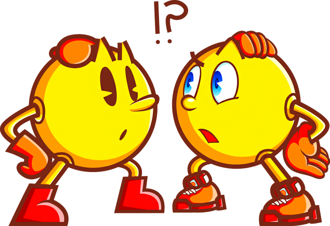 HD PC desktop wallpaper: two yellow Pac-Man video game characters face each other, wearing red shoes and gloves on a brown background.