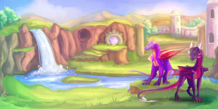 HD desktop wallpaper featuring Cynder and Spyro from the Spyro video game series in a vibrant landscape with a waterfall and rocky terrain.