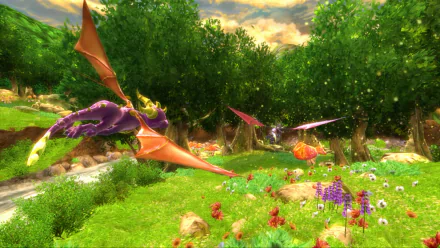 HD desktop wallpaper featuring Cynder and Spyro flying over a vibrant forest landscape from the video game The Legend of Spyro: Dawn of the Dragon.