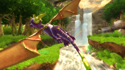 HD desktop wallpaper featuring Spyro the dragon soaring through a lush landscape with a waterfall, from the video game The Legend of Spyro: Dawn of the Dragon.