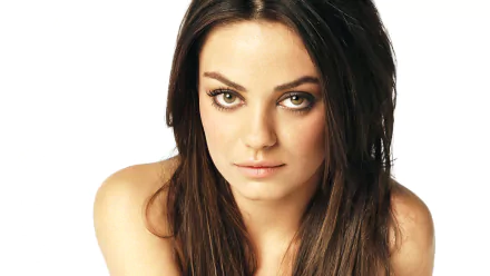 Close-up portrait of celebrity Mila Kunis with dark hair and intense gaze, featured as an HD PC desktop wallpaper and background.