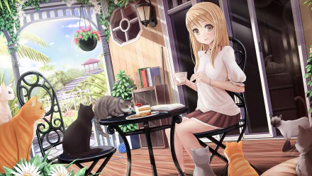 HD anime original desktop wallpaper showing a girl enjoying tea on a sunny porch surrounded by cats and vibrant garden scenery.