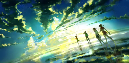 A vibrant anime scene depicting four figures standing by a reflective surface under a dramatic sky filled with colorful clouds, serving as an original HD desktop wallpaper.
