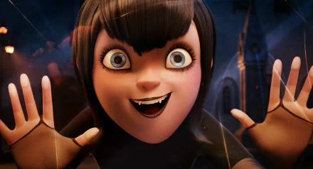 HD wallpaper featuring Mavis from Hotel Transylvania 2, smiling excitedly with her hands pressed against a surface, capturing her playful and adventurous spirit.