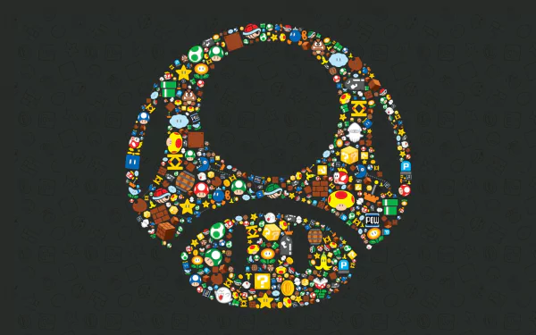 A colorful collage of icons from the Super Mario Bros. series, featuring a prominent Mushroom symbol, serves as a vibrant HD desktop wallpaper and background for video game enthusiasts.