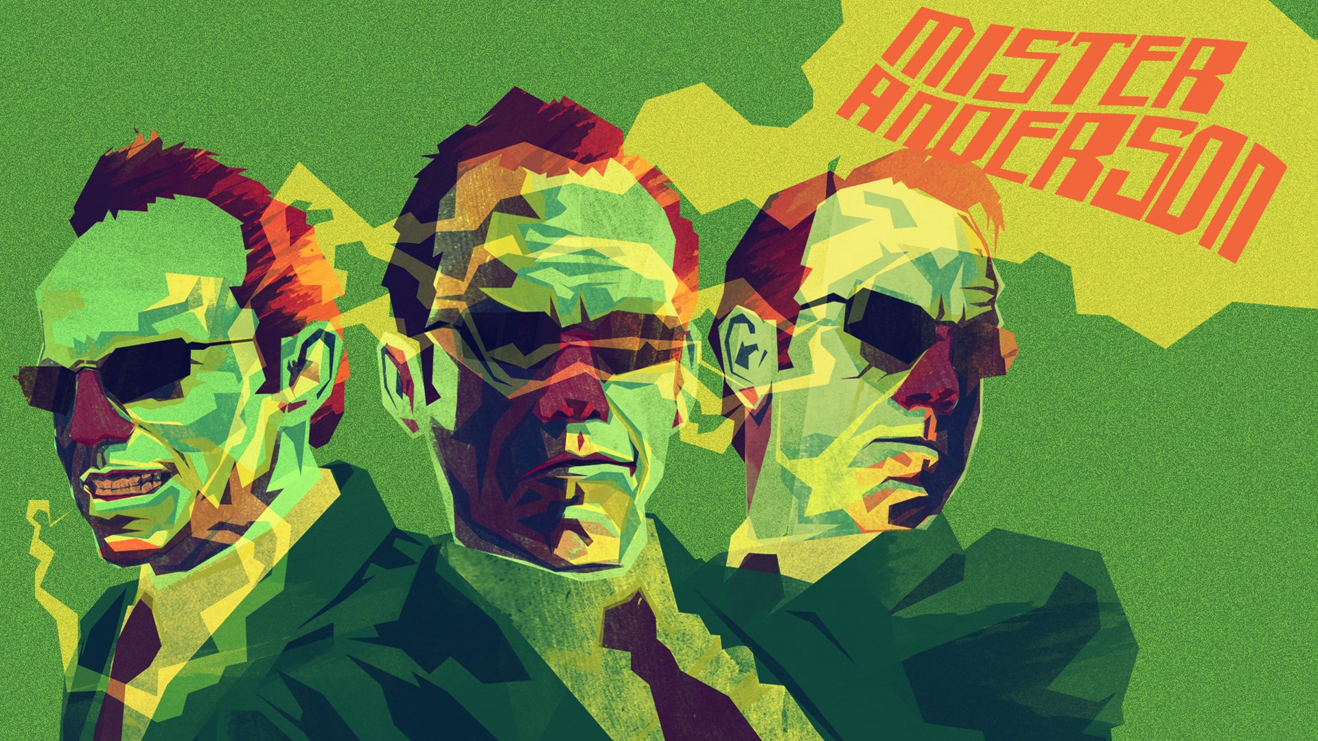 A vibrant HD desktop wallpaper inspired by *The Matrix*, featuring a stylized depiction of the character Mister Anderson in a dynamic, colorful design.