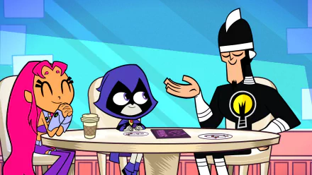 Colorful HD wallpaper featuring Doctor Light, Raven, and Starfire from the TV show Teen Titans Go! sitting together at a table, engaged in conversation.