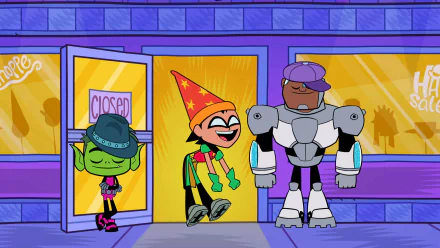 HD desktop wallpaper featuring Beast Boy (Garfield Logan), Robin (Dick Grayson), and Cyborg from Teen Titans Go! in front of a brightly colored building. Robin wears a wizard hat, Beast Boy a fedora, and Cyborg a cap.