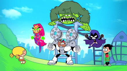 A colorful HD wallpaper featuring the Teen Titans Go! characters: Beast Boy, Dick Grayson, Cyborg, Starfire, Raven, and more, set in a vibrant, playful scene.