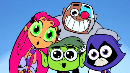 HD desktop wallpaper featuring Raven, Beast Boy, Cyborg, and Starfire from the TV show Teen Titans Go!, displaying their distinctive animated styles and characteristic poses.