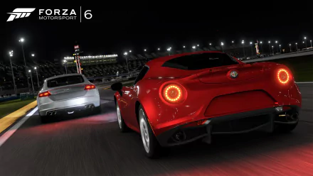 Forza Motorsport 6 video game HD PC desktop wallpaper: red sports car and silver rival racing on a lit night track with stadium lights.