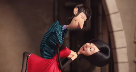 A high-definition desktop wallpaper featuring Scarlet Overkill from the movie Minions, showing a close interaction with another character.