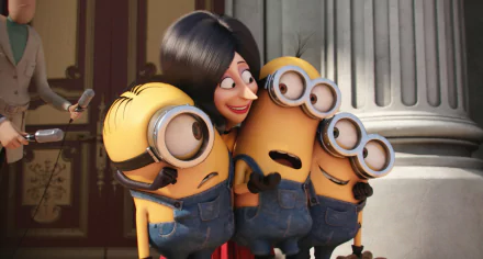 Scarlet Overkill with Kevin, Stuart, and Bob from the Minions movie. This HD desktop wallpaper captures a fun and vibrant scene featuring the beloved characters.