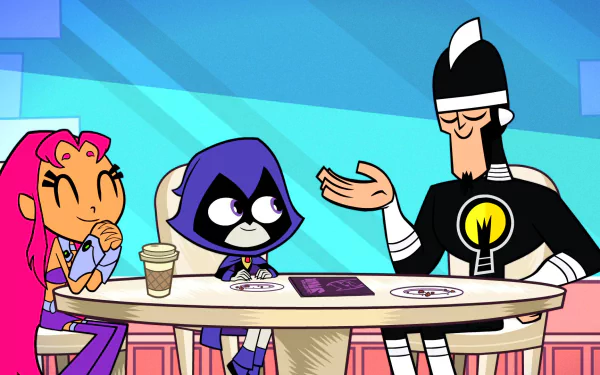 Colorful HD wallpaper featuring Doctor Light, Raven, and Starfire from the TV show Teen Titans Go! sitting together at a table, engaged in conversation.