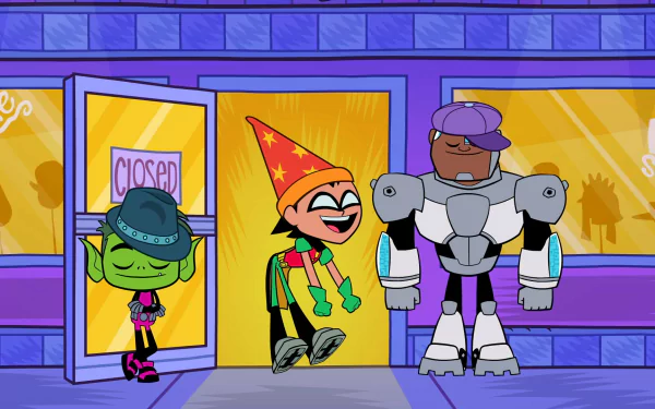 HD desktop wallpaper featuring Beast Boy (Garfield Logan), Robin (Dick Grayson), and Cyborg from Teen Titans Go! in front of a brightly colored building. Robin wears a wizard hat, Beast Boy a fedora, and Cyborg a cap.
