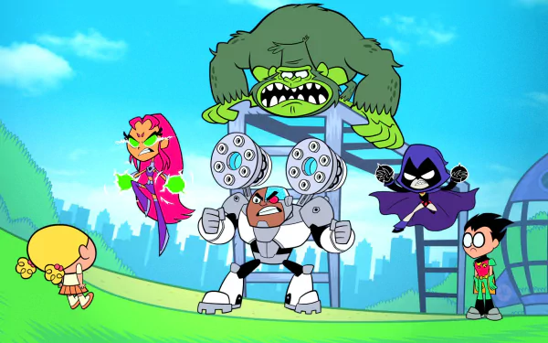 A colorful HD wallpaper featuring the Teen Titans Go! characters: Beast Boy, Dick Grayson, Cyborg, Starfire, Raven, and more, set in a vibrant, playful scene.