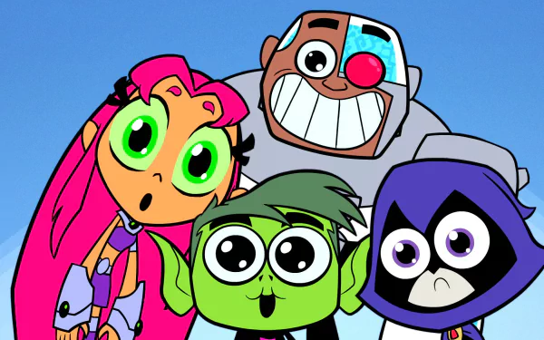 HD desktop wallpaper featuring Raven, Beast Boy, Cyborg, and Starfire from the TV show Teen Titans Go!, displaying their distinctive animated styles and characteristic poses.