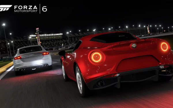 Forza Motorsport 6 video game HD PC desktop wallpaper: red sports car and silver rival racing on a lit night track with stadium lights.