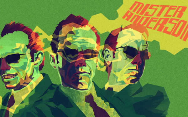 A vibrant HD desktop wallpaper inspired by *The Matrix*, featuring a stylized depiction of the character Mister Anderson in a dynamic, colorful design.