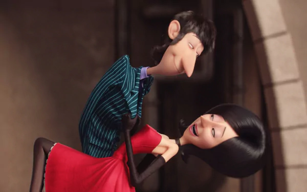 A high-definition desktop wallpaper featuring Scarlet Overkill from the movie Minions, showing a close interaction with another character.