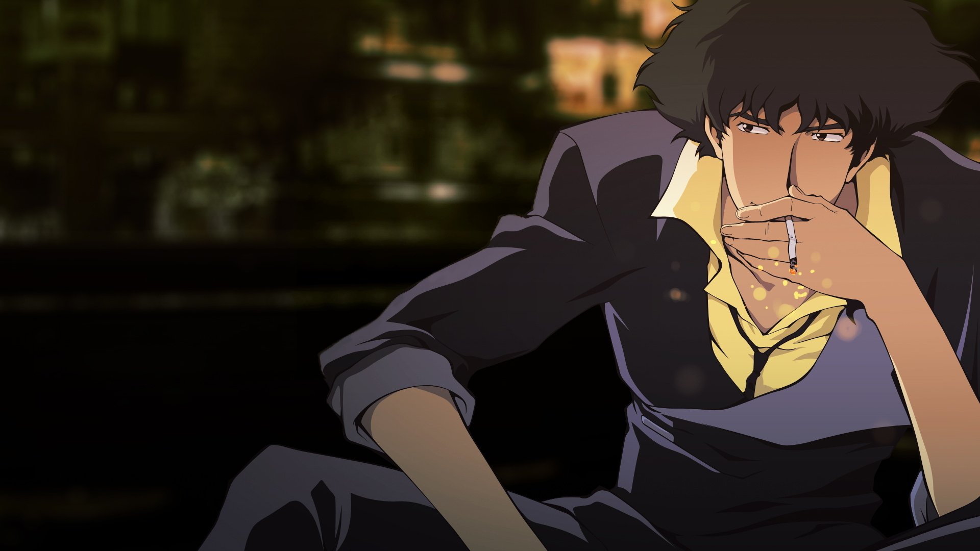 HD anime wallpaper featuring Spike Spiegel from Cowboy Bebop, set against a dark, moody urban background.