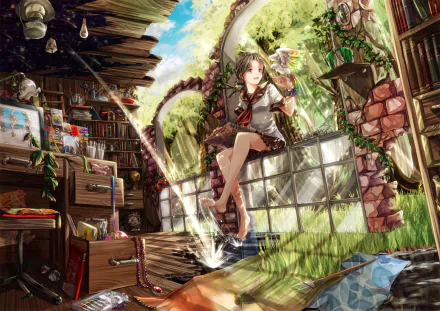 A vibrant anime scene featuring a girl sitting in a whimsical, nature-filled room, surrounded by books and colorful debris, creating an enchanting and imaginative atmosphere. HD desktop wallpaper.