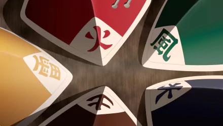 HD desktop wallpaper featuring the Kage hats of Tsuchikage, Mizukage, Raikage, Kazekage, and Hokage from the anime Naruto, arranged in a five-pointed star pattern.
