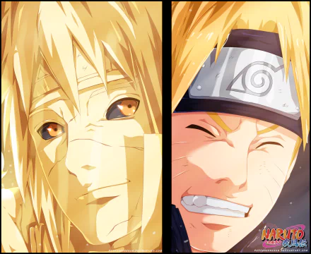 Anime HD desktop wallpaper featuring Minato Namikaze and Naruto Uzumaki from the series Naruto. The image showcases detailed and expressive close-up portraits of the two characters side by side.