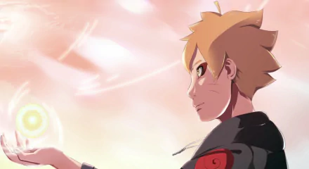 HD wallpaper of Boruto Uzumaki from the anime movie Boruto: Naruto the Movie, featuring him in an intense scene with a glowing energy ball. The background is soft with peach and light tones.