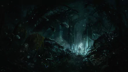 A dark, atmospheric scene from the video game SOMA, featuring a lone figure amidst eerie underwater vegetation and glowing elements, creating a sense of mystery and exploration.