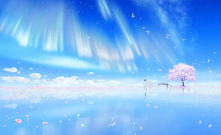 HD desktop wallpaper featuring Kaori Miyazono and Kousei Arima from the anime Your Lie in April, set against a serene blue sky with auroras, cherry blossoms, and reflective water.