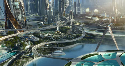 HD desktop wallpaper featuring a futuristic Tomorrowland cityscape with advanced architecture and intertwining roads.