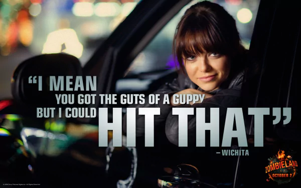 HD PC desktop wallpaper featuring Emma Stone from the movie Zombieland with a quote from her character Wichita: I mean you got the guts of a guppy but I could hit that.