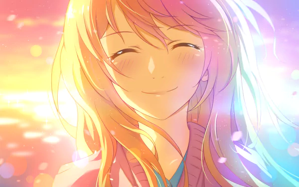 HD desktop wallpaper of Kaori Miyazono from the anime Your Lie in April. The image portrays Kaori with a bright, cheerful smile against a vibrant, colorful background.