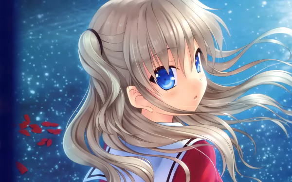 HD desktop wallpaper featuring Nao Tomori from the anime Charlotte. The image shows Nao with long, flowing hair and blue eyes, set against a sparkling, atmospheric background.