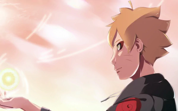 HD wallpaper of Boruto Uzumaki from the anime movie Boruto: Naruto the Movie, featuring him in an intense scene with a glowing energy ball. The background is soft with peach and light tones.